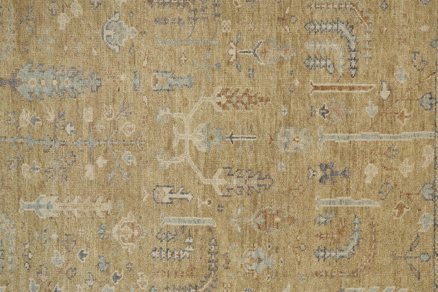 5' X 8' Gold Blue And Gray Wool Floral Hand Knotted Stain Resistant Area Rug With Fringe