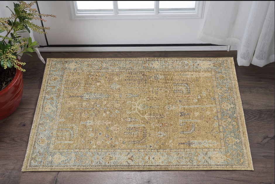 5' X 8' Gold Blue And Gray Wool Floral Hand Knotted Stain Resistant Area Rug With Fringe