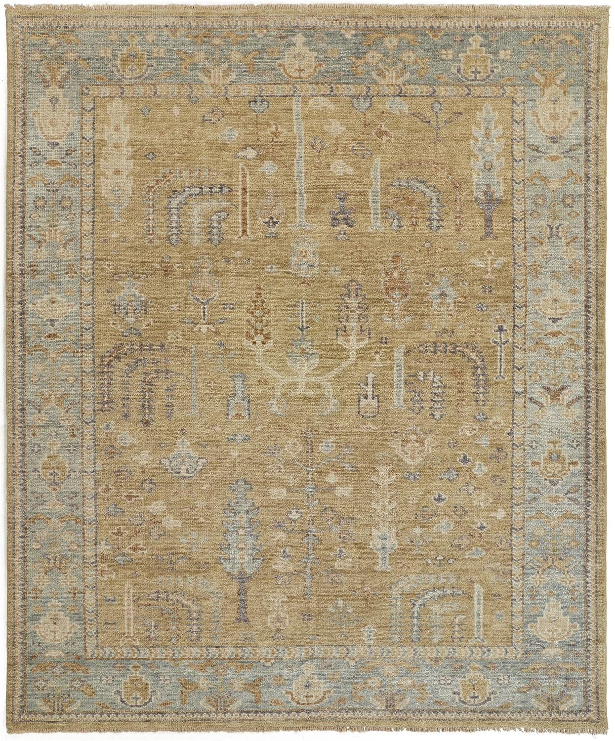 5' X 8' Gold Blue And Gray Wool Floral Hand Knotted Stain Resistant Area Rug With Fringe