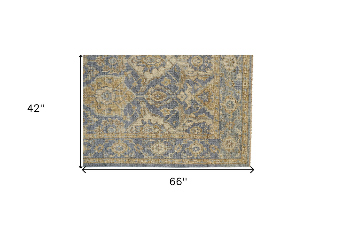 5' X 8' Blue Gold And Tan Wool Floral Hand Knotted Stain Resistant Area Rug With Fringe