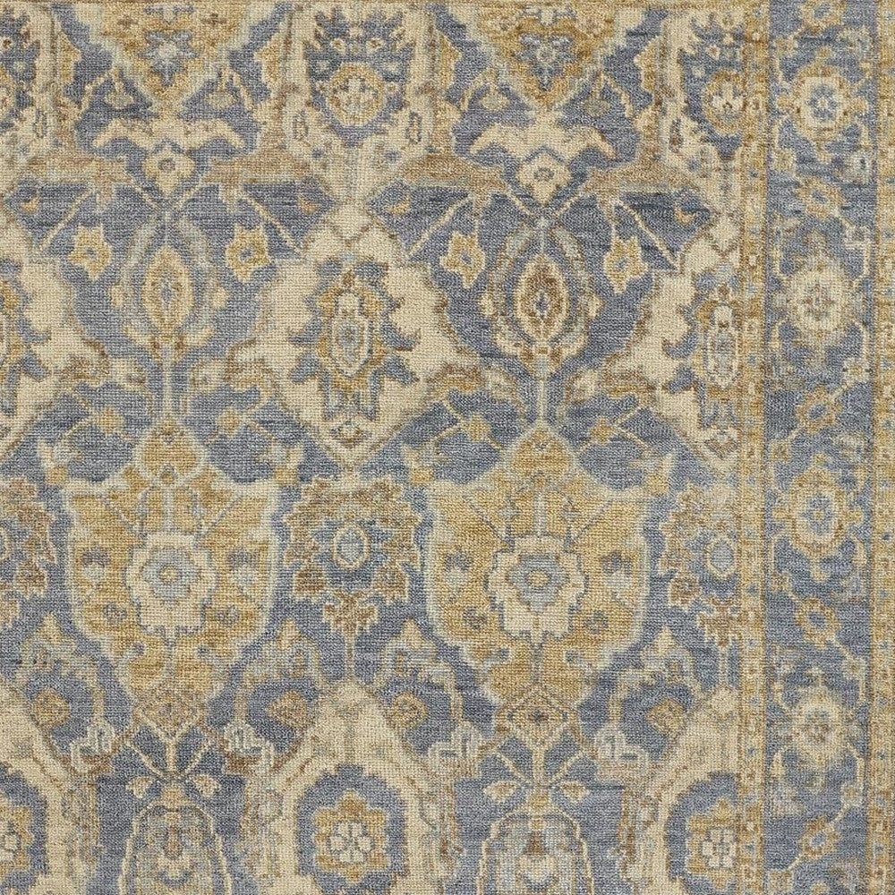 4' X 6' Blue and Gold Wool Floral Hand Knotted Area Rug With Fringe