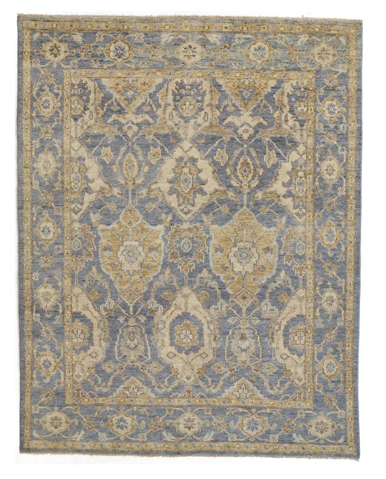 4' X 6' Blue and Gold Wool Floral Hand Knotted Area Rug With Fringe