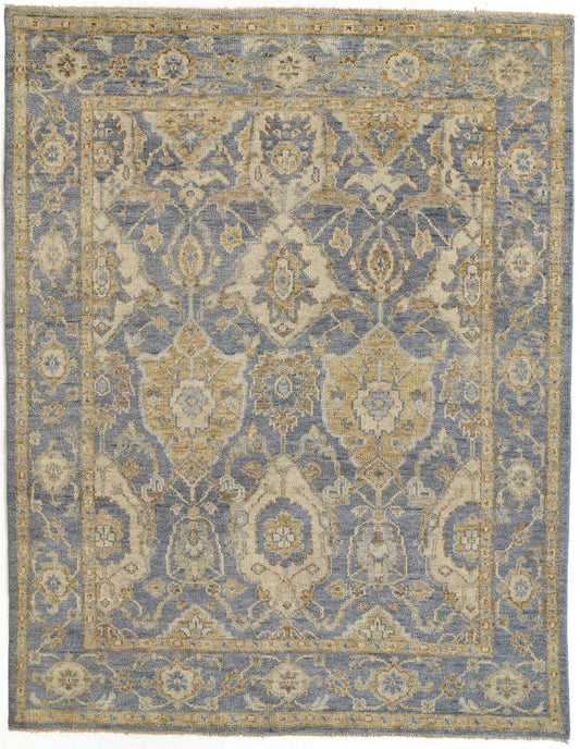 2' X 3' Blue Gold And Tan Wool Floral Hand Knotted Stain Resistant Area Rug With Fringe