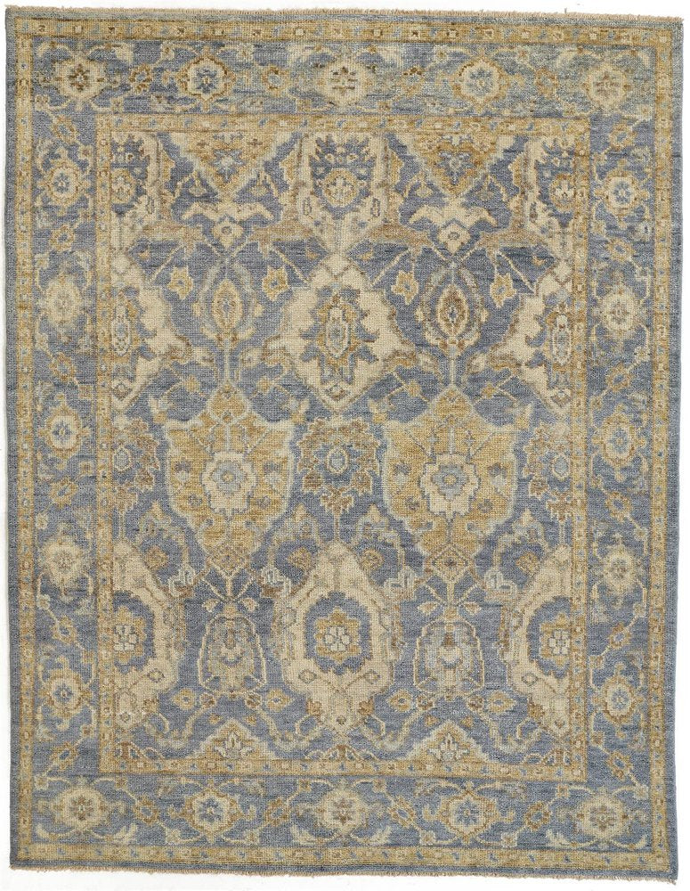 2' X 3' Blue and Gold Wool Floral Hand Knotted Area Rug With Fringe