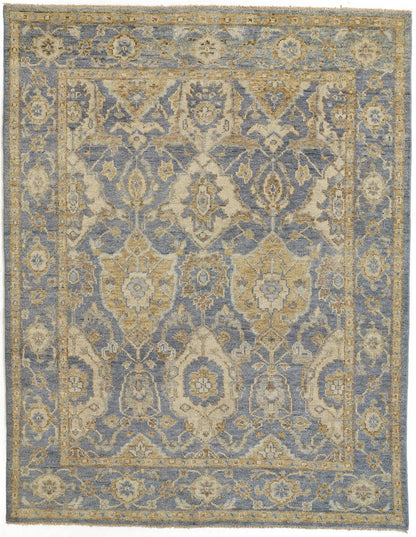 2' X 3' Blue and Gold Wool Floral Hand Knotted Area Rug With Fringe