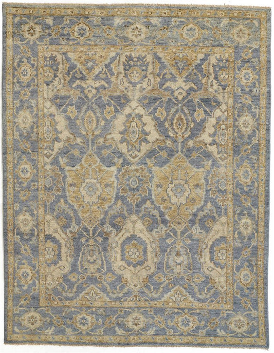 2' X 3' Blue and Gold Wool Floral Hand Knotted Area Rug With Fringe