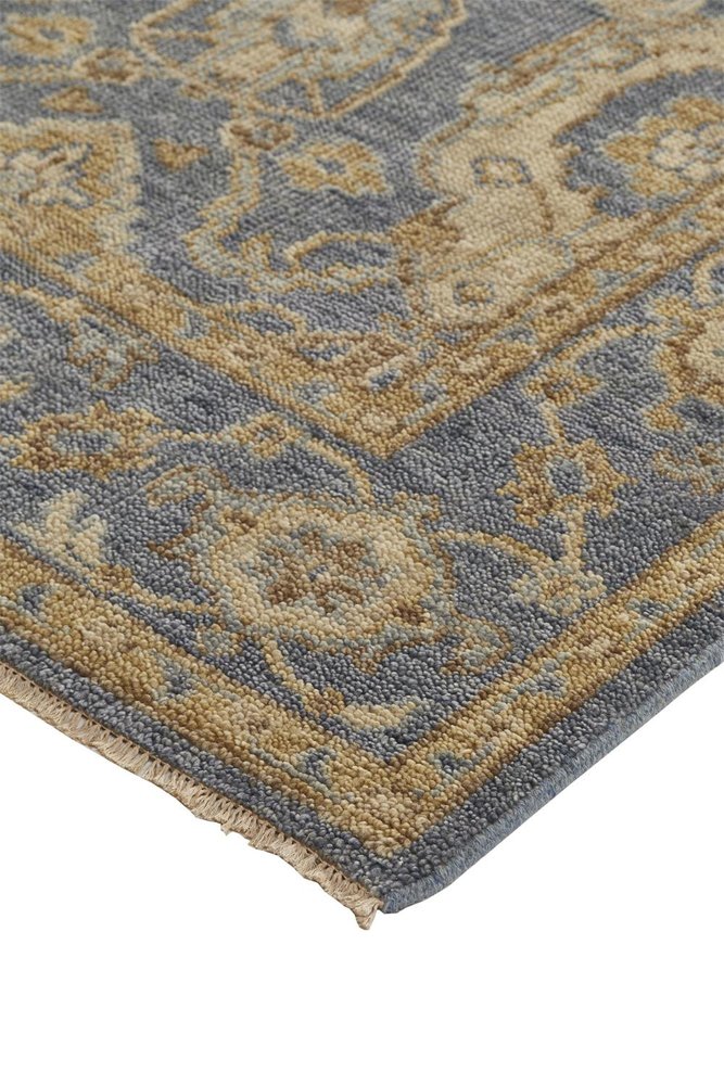 2' X 3' Blue and Gold Wool Floral Hand Knotted Area Rug With Fringe
