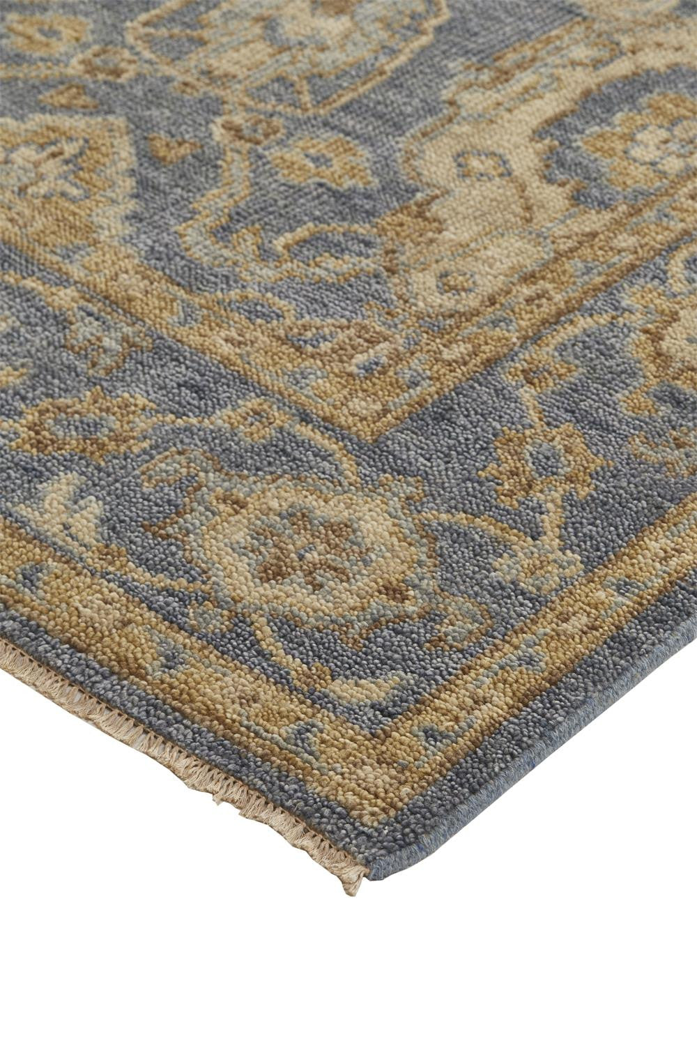 5' X 8' Blue Gold And Tan Wool Floral Hand Knotted Stain Resistant Area Rug With Fringe