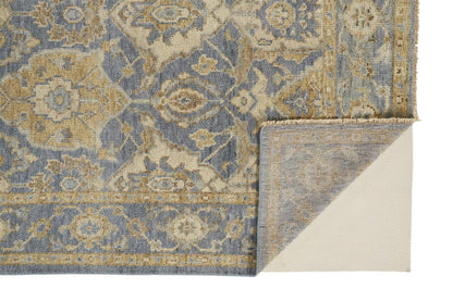 2' X 3' Blue and Gold Wool Floral Hand Knotted Area Rug With Fringe