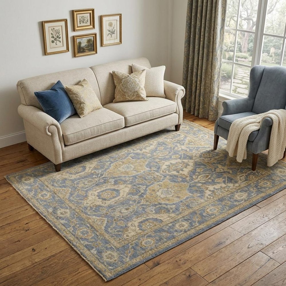 5' X 8' Blue Gold And Tan Wool Floral Hand Knotted Stain Resistant Area Rug With Fringe
