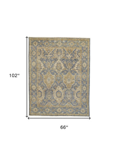 2' X 3' Blue and Gold Wool Floral Hand Knotted Area Rug With Fringe