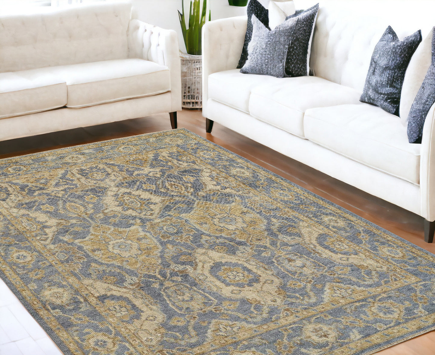 5' X 8' Blue Gold And Tan Wool Floral Hand Knotted Stain Resistant Area Rug With Fringe