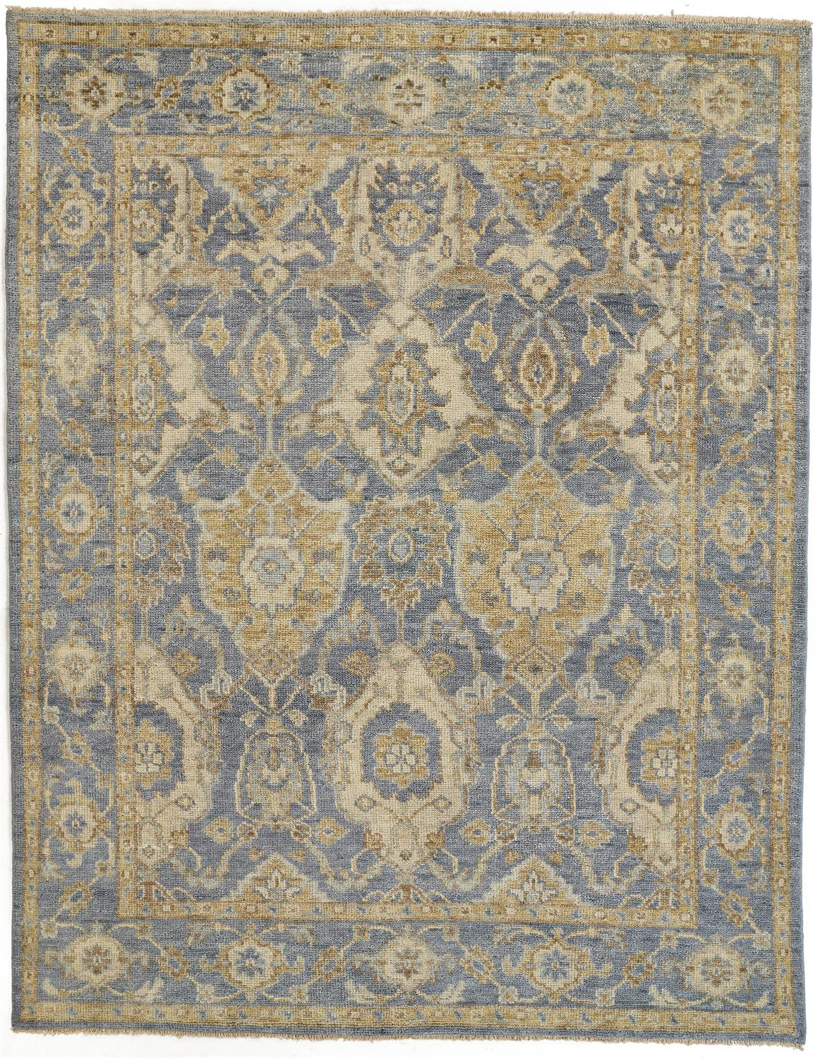 4' X 6' Blue and Gold Wool Floral Hand Knotted Area Rug With Fringe