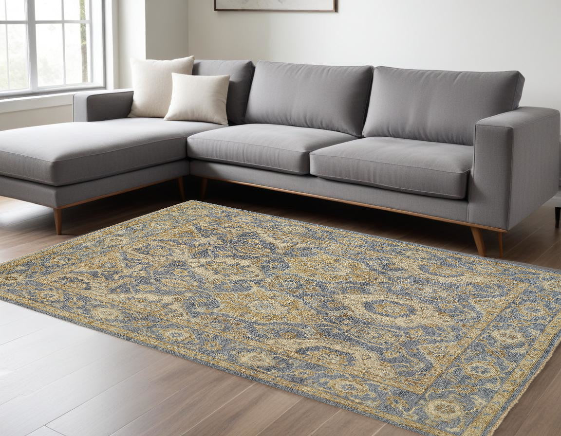 4' X 6' Blue and Gold Wool Floral Hand Knotted Area Rug With Fringe