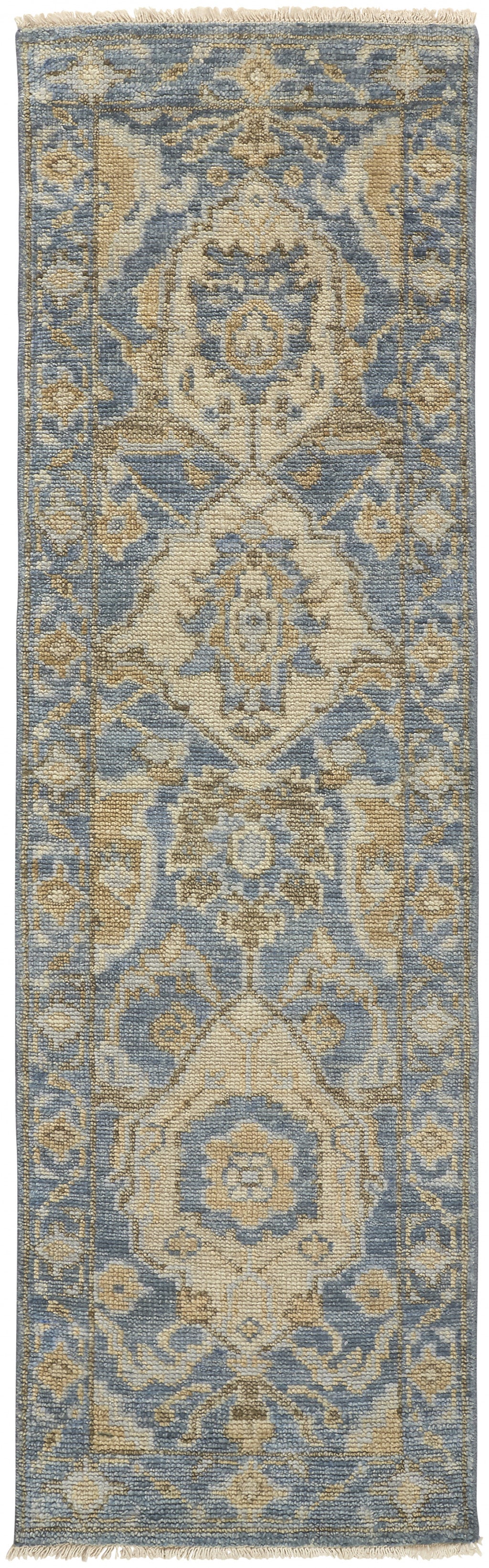 4' X 6' Blue and Gold Wool Floral Hand Knotted Area Rug With Fringe