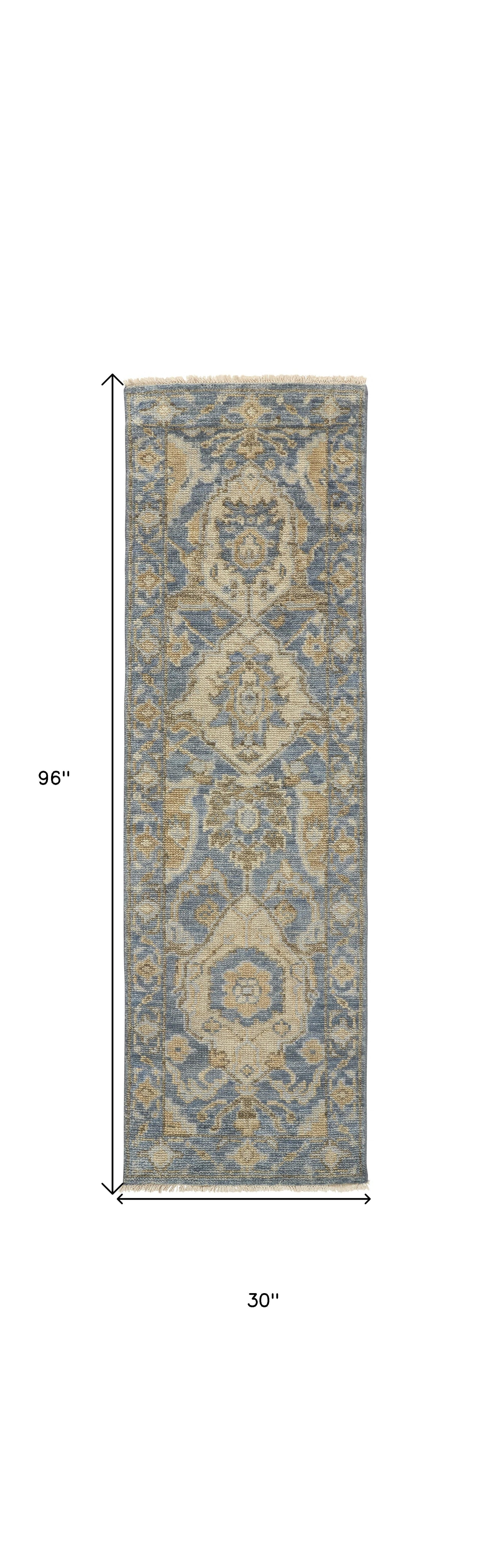 4' X 6' Blue and Gold Wool Floral Hand Knotted Area Rug With Fringe