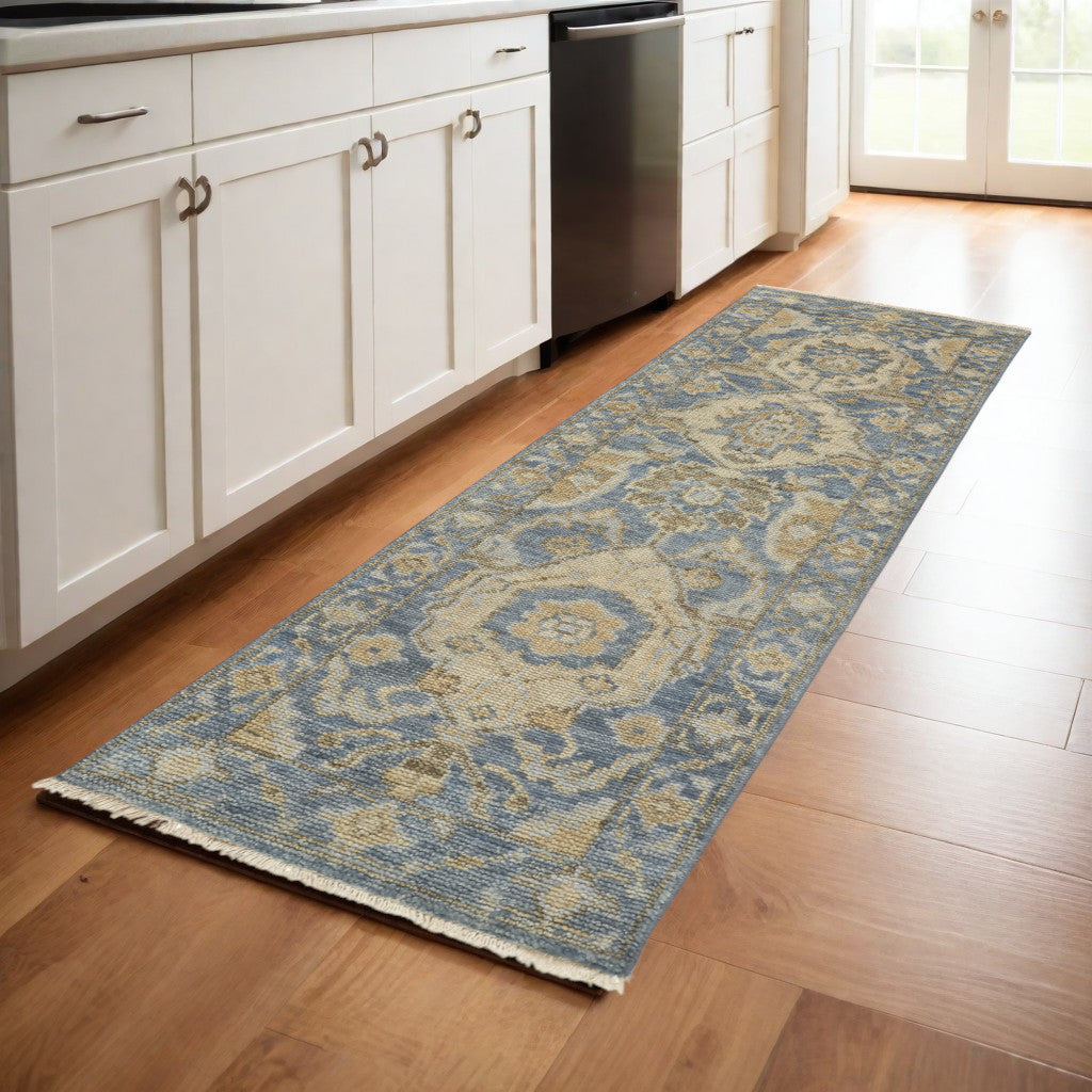 4' X 6' Blue and Gold Wool Floral Hand Knotted Area Rug With Fringe