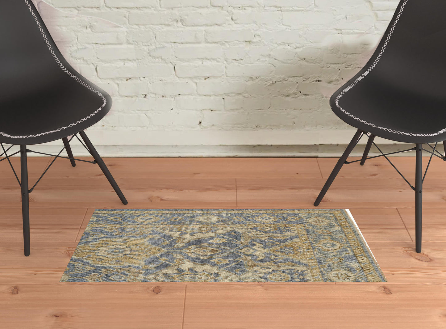 5' X 8' Blue Gold And Tan Wool Floral Hand Knotted Stain Resistant Area Rug With Fringe