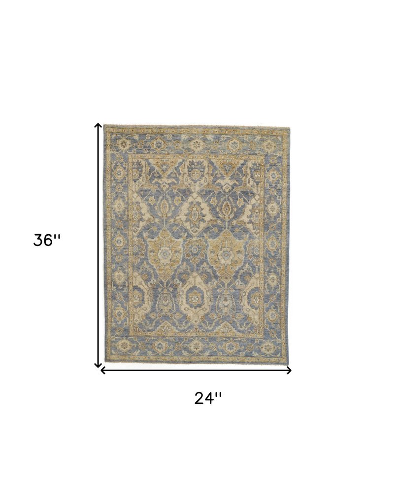 2' X 3' Blue and Gold Wool Floral Hand Knotted Area Rug With Fringe