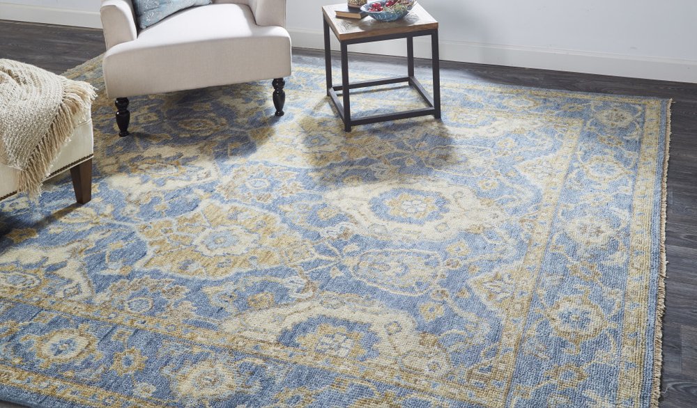 2' X 3' Blue and Gold Wool Floral Hand Knotted Area Rug With Fringe