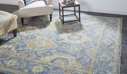2' X 3' Blue and Gold Wool Floral Hand Knotted Area Rug With Fringe
