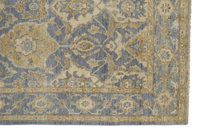 2' X 3' Blue and Gold Wool Floral Hand Knotted Area Rug With Fringe