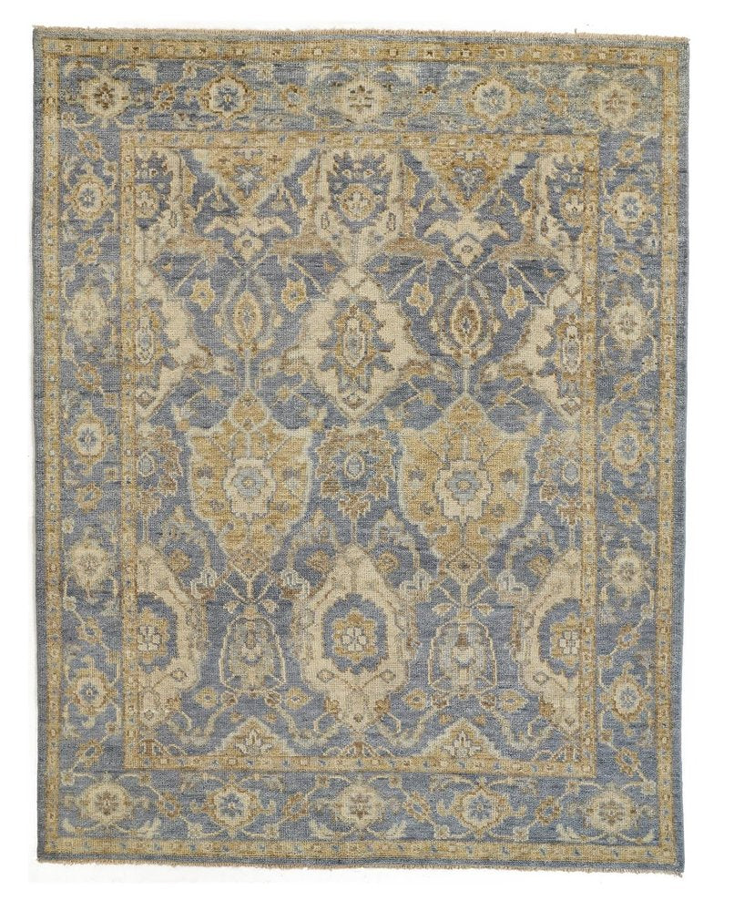 5' X 8' Blue Gold And Tan Wool Floral Hand Knotted Stain Resistant Area Rug With Fringe