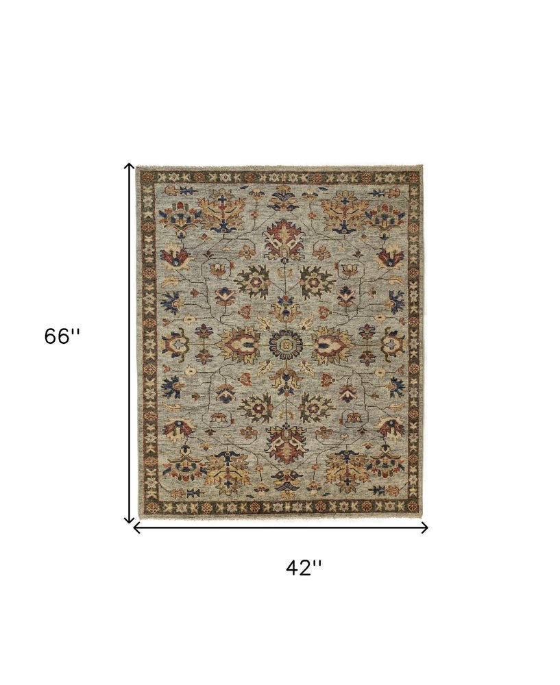 4' X 6' Gray And Ivory Wool Oriental Hand Knotted Area Rug With Fringe