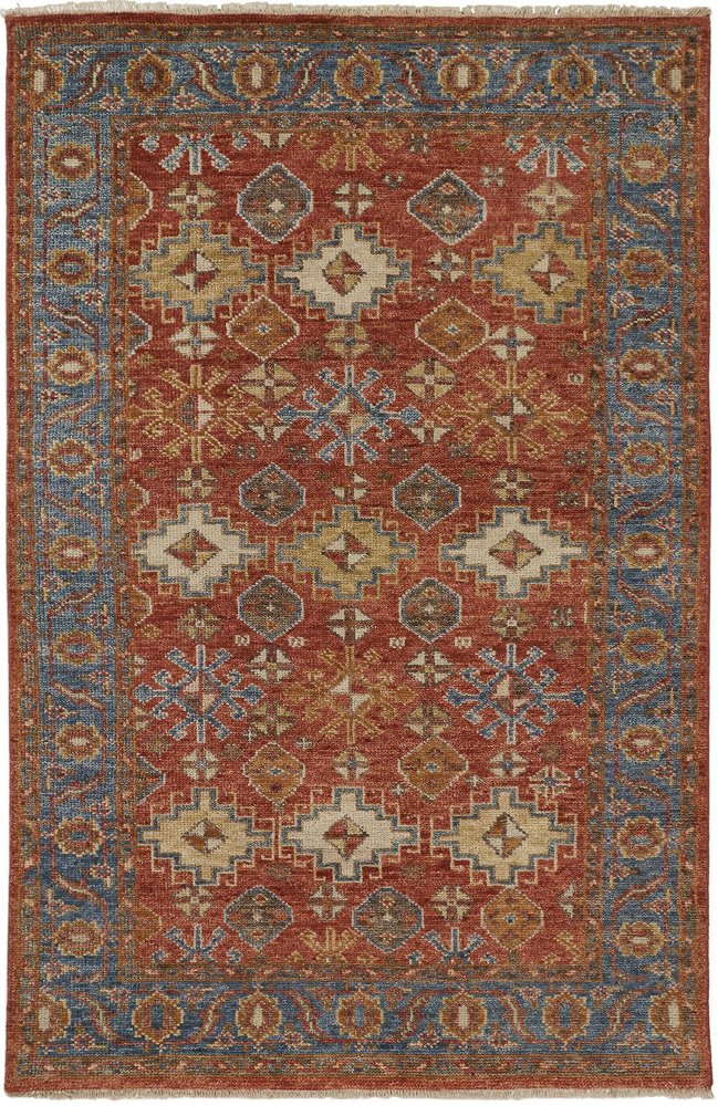 2' X 3' Blue and Red Wool Floral Hand Knotted Area Rug With Fringe