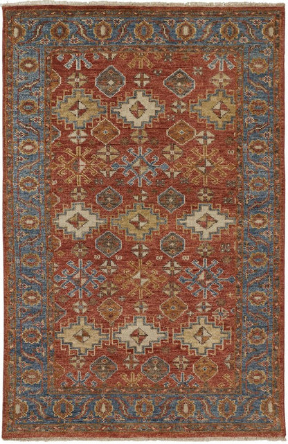 2' X 3' Blue and Red Wool Floral Hand Knotted Area Rug With Fringe