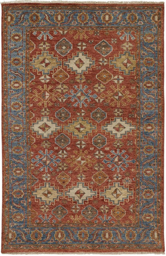 2' X 3' Blue and Red Wool Floral Hand Knotted Area Rug With Fringe