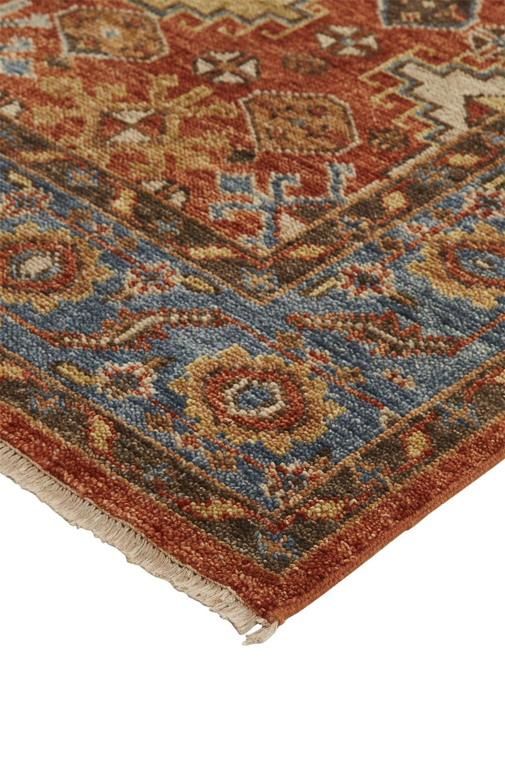 2' X 3' Red Blue And Orange Wool Floral Hand Knotted Stain Resistant Area Rug With Fringe