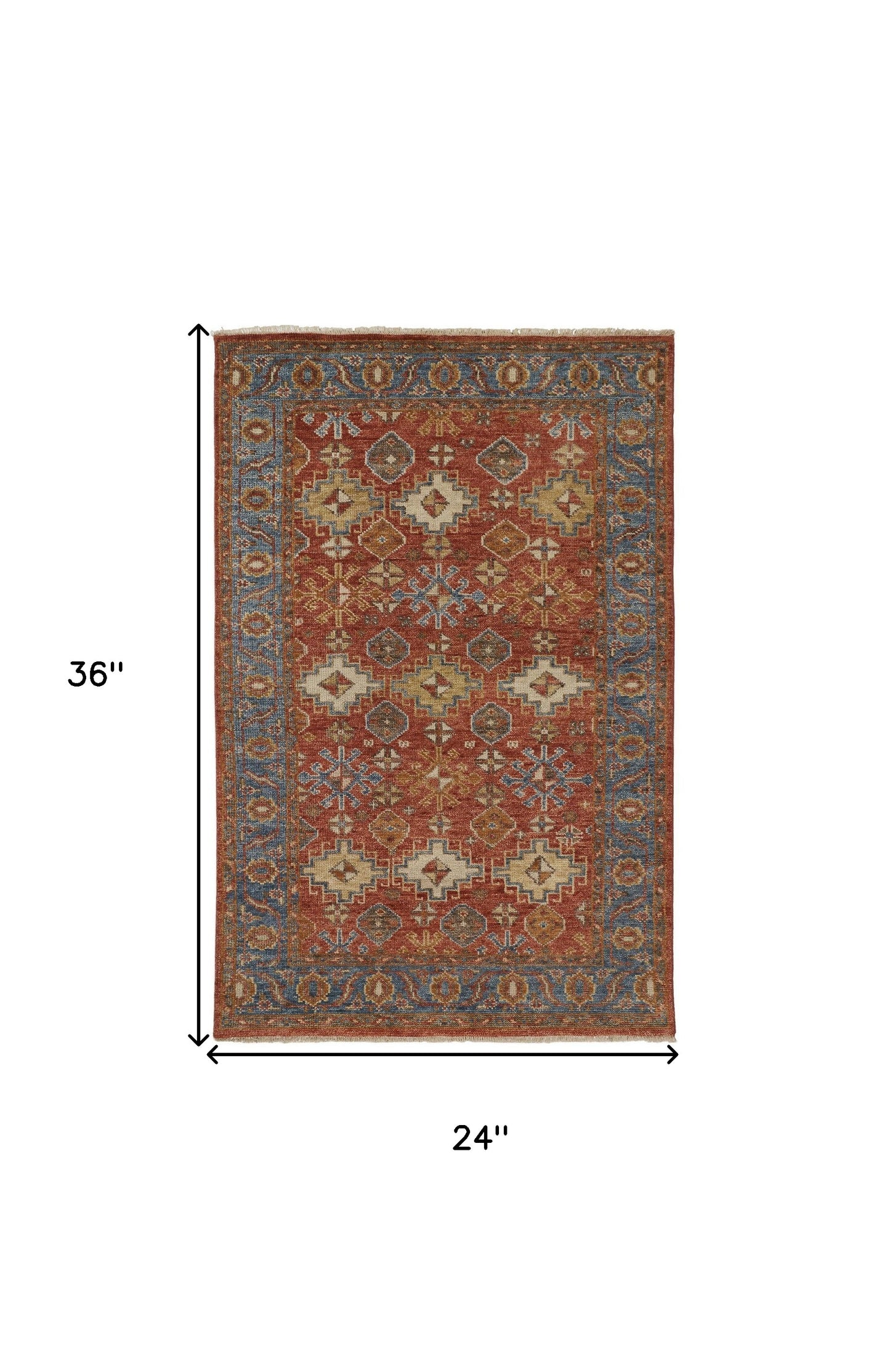 2' X 3' Red Blue And Orange Wool Floral Hand Knotted Stain Resistant Area Rug With Fringe