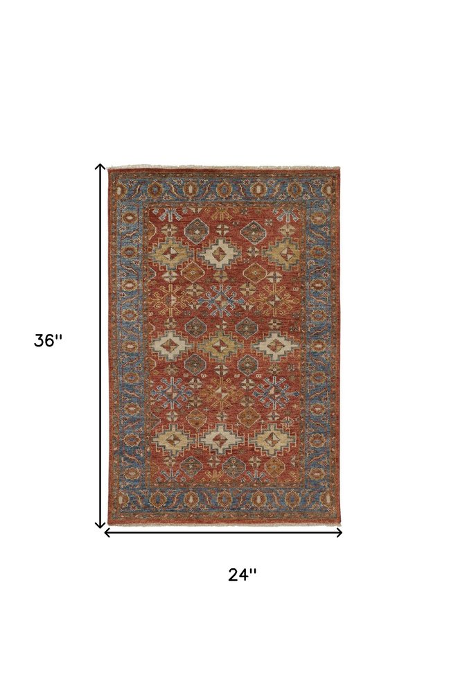 2' X 3' Blue and Red Wool Floral Hand Knotted Area Rug With Fringe