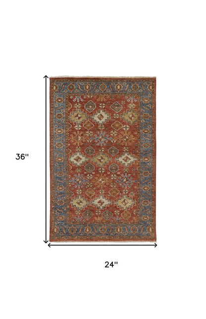 2' X 3' Blue and Red Wool Floral Hand Knotted Area Rug With Fringe