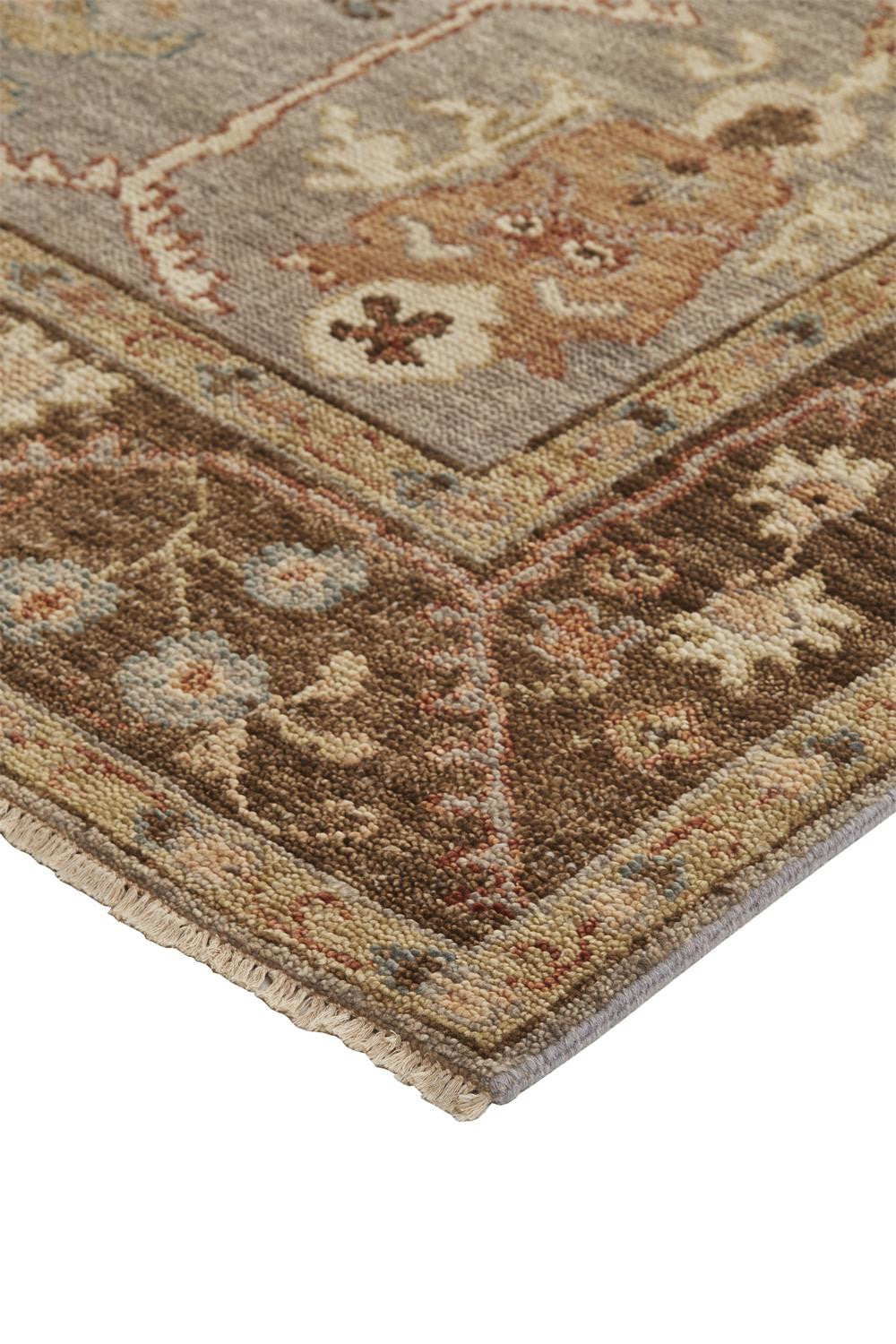 5' X 8' Gray Brown And Gold Wool Floral Hand Knotted Stain Resistant Area Rug With Fringe