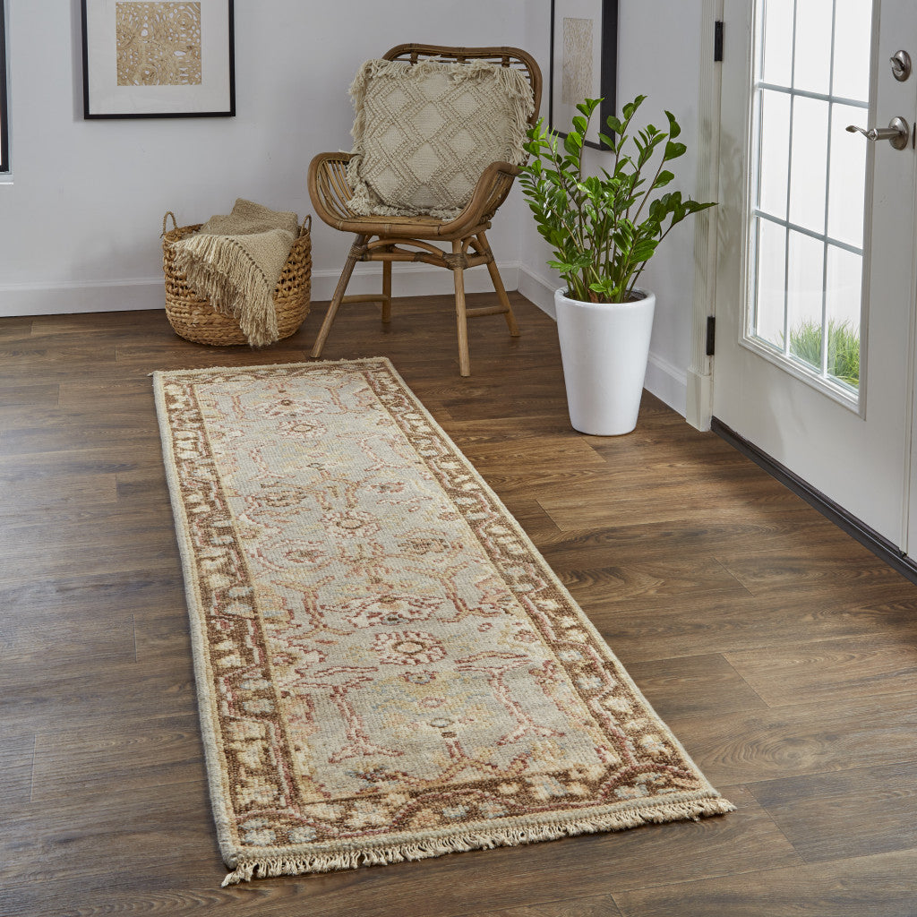 5' X 8' Gray Brown And Gold Wool Floral Hand Knotted Stain Resistant Area Rug With Fringe