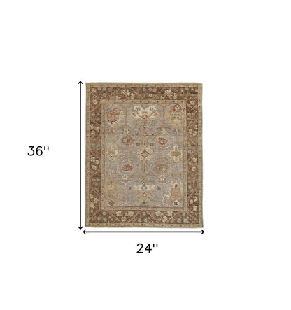 2' X 3' Brown and Ivory Wool Floral Hand Knotted Area Rug With Fringe