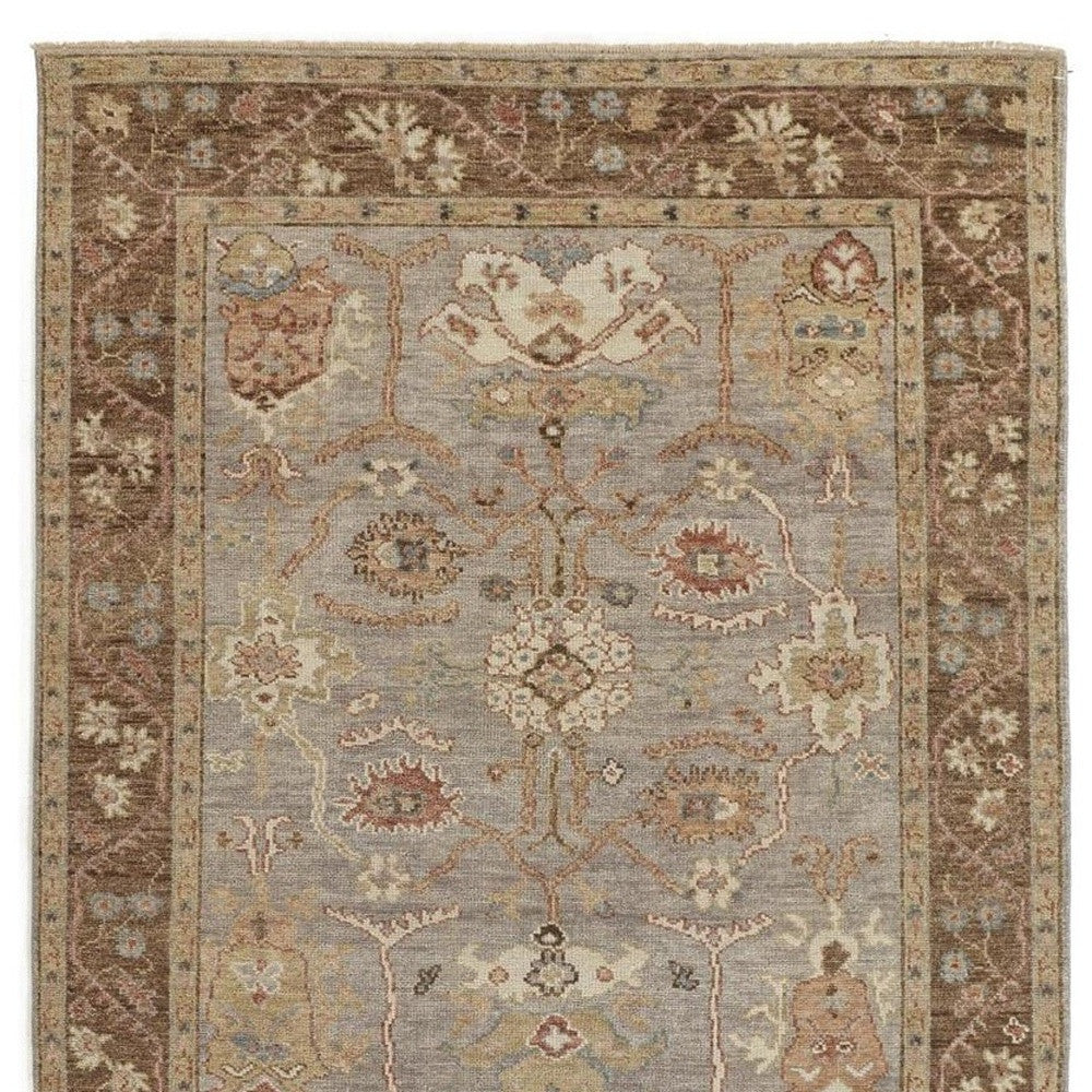 2' X 3' Brown and Ivory Wool Floral Hand Knotted Area Rug With Fringe