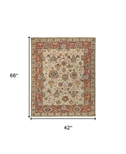 5' X 8' Ivory Red And Blue Wool Floral Hand Knotted Stain Resistant Area Rug