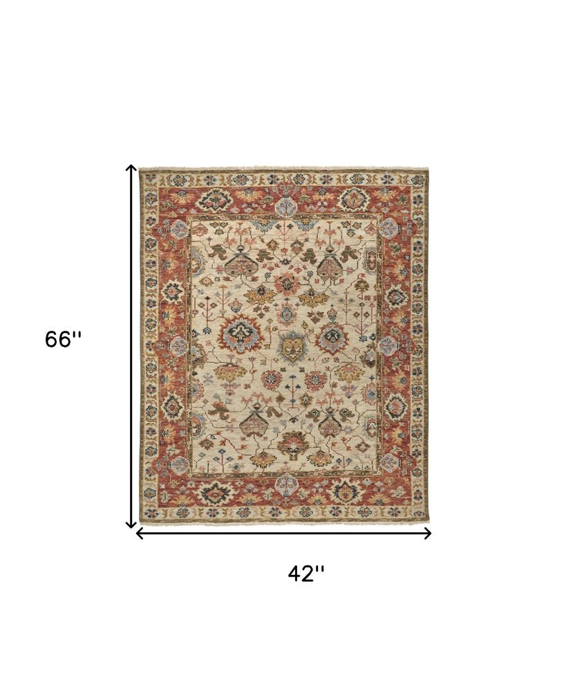 5' X 8' Ivory Red And Blue Wool Floral Hand Knotted Stain Resistant Area Rug