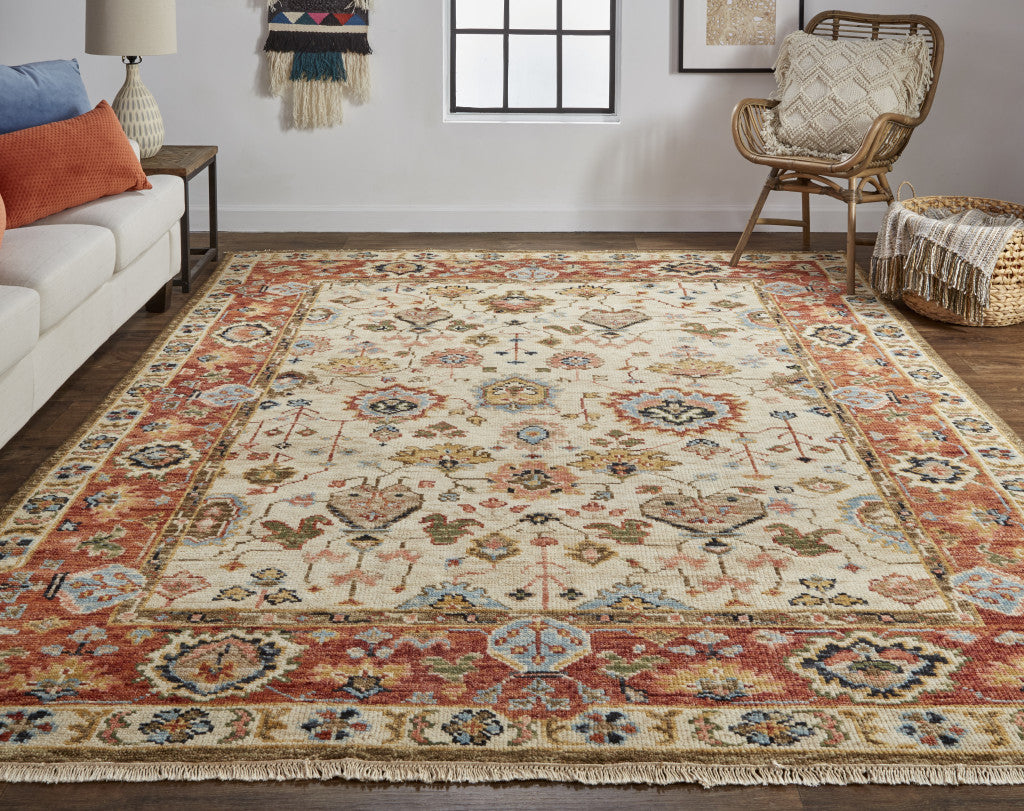 8' Ivory Red And Blue Wool Floral Hand Knotted Stain Resistant Runner Rug