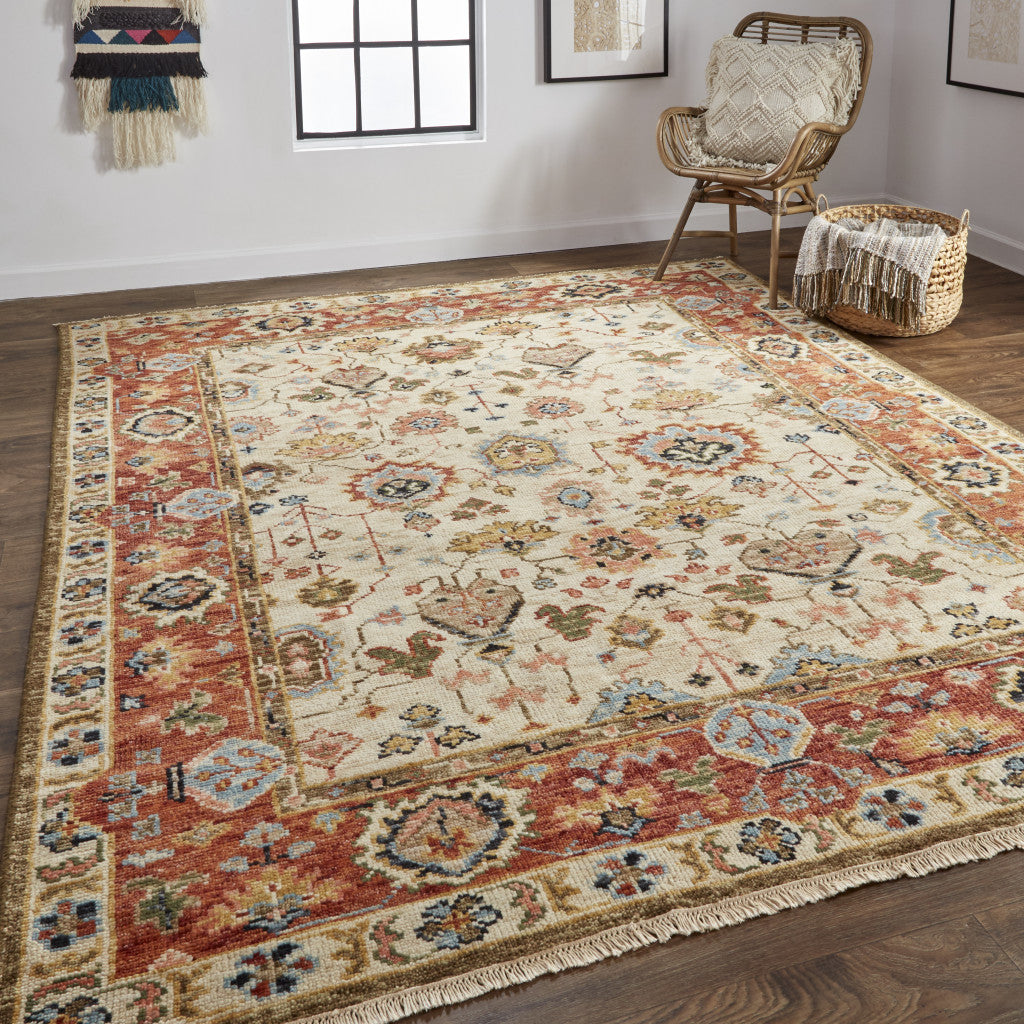 10' X 13' Ivory Red And Blue Wool Floral Hand Knotted Stain Resistant Area Rug