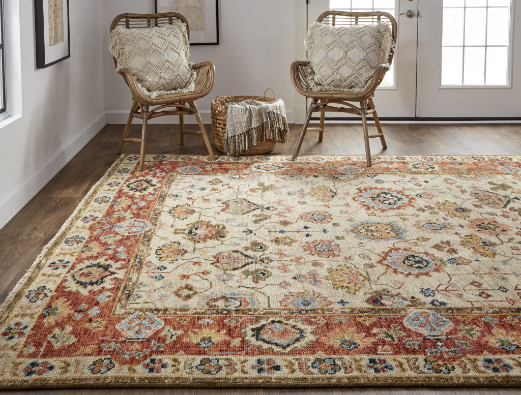 8' Ivory Red And Blue Wool Floral Hand Knotted Stain Resistant Runner Rug