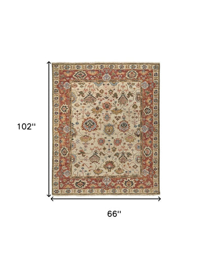 5' X 8' Ivory Red And Blue Wool Floral Hand Knotted Stain Resistant Area Rug