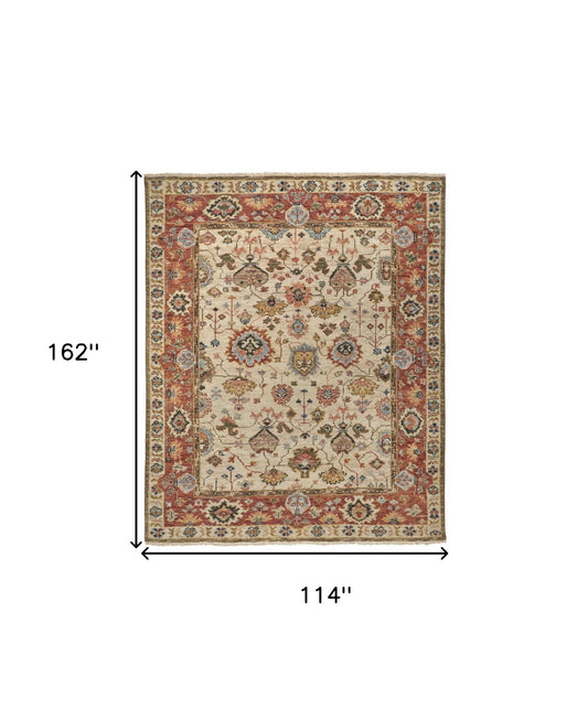 4' X 6' Ivory Red And Blue Wool Floral Hand Knotted Stain Resistant Area Rug