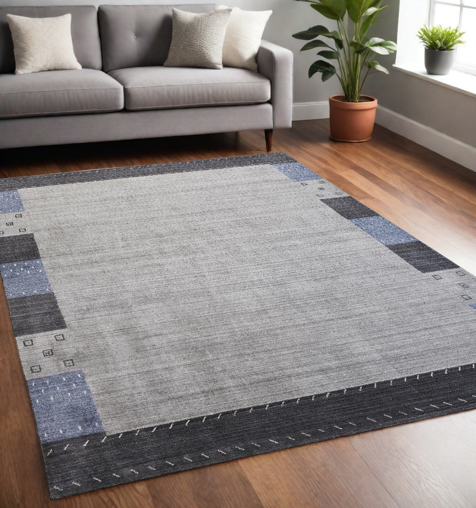 2' X 3' Gray Silver And Black Wool Hand Knotted Stain Resistant Area Rug