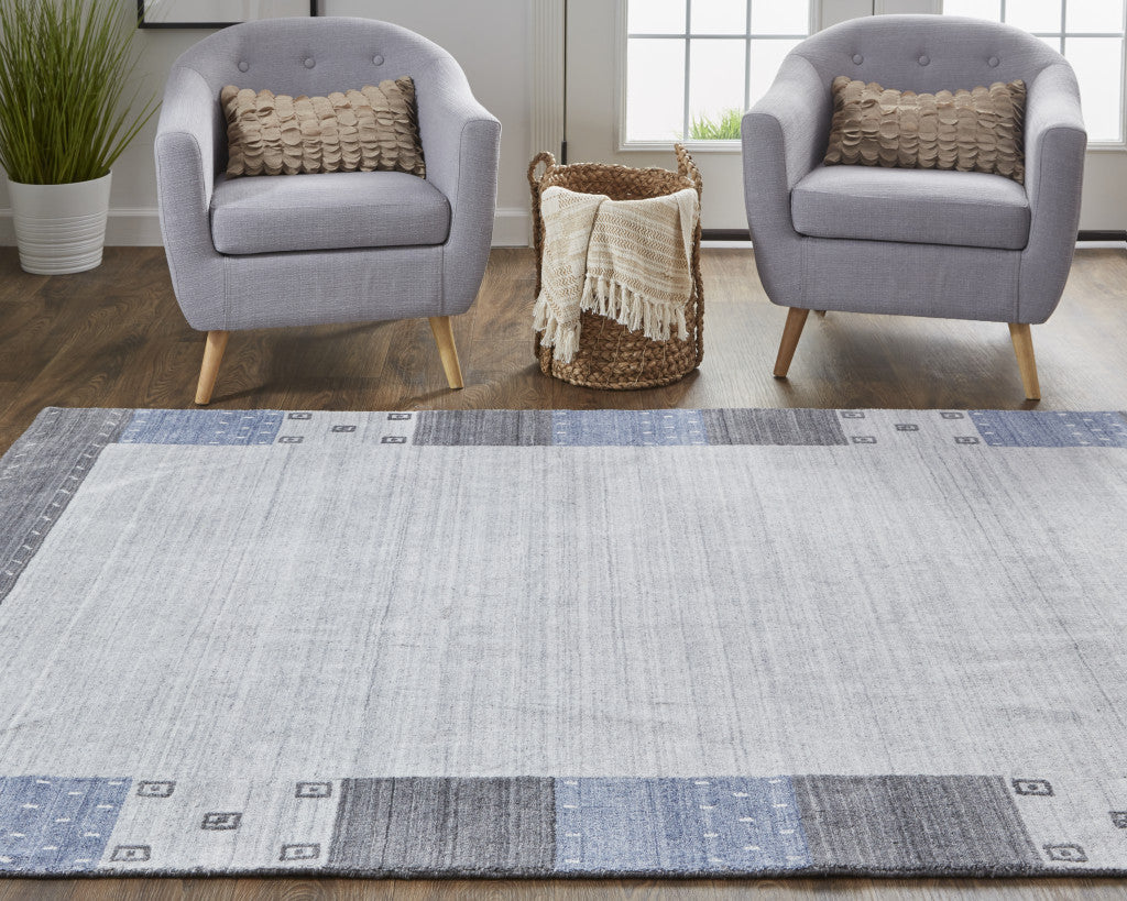 8' X 10' Gray Blue And Black Wool Hand Knotted Stain Resistant Area Rug