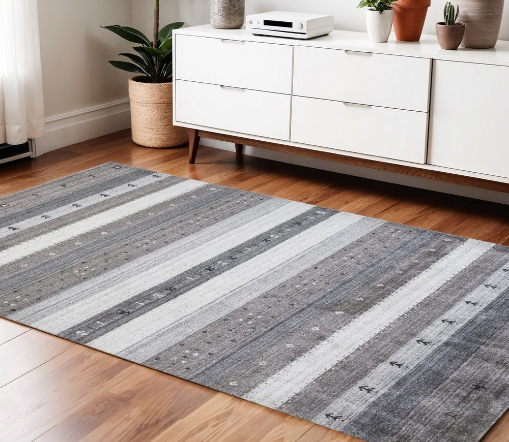 2' X 3' Gray Silver And Black Wool Striped Hand Knotted Stain Resistant Area Rug