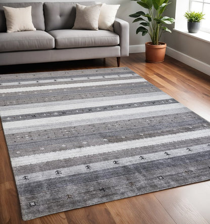 2' X 3' Gray Silver And Black Wool Striped Hand Knotted Stain Resistant Area Rug
